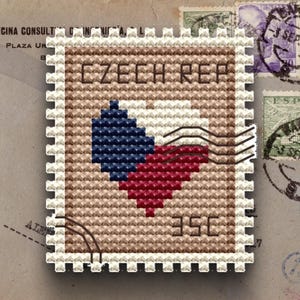 May include: A postage stamp design featuring a heart in the colors of the Czech Republic flag: blue, white, and red. The stamp reads "CZECH REP" and "35C" in a pixelated style, with simulated cancellation marks.