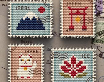 Japanese Postage Stamps Cross Stitch Pattern | Asian Collection (PDF)