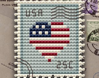 American Flag Heart Stamp Cross Stitch Pattern (PDF)