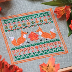 Foxes Cross Stitch Pattern Autumn Cross Stitch Animal Cross Stitch Fall Pattern Sampler Cross Stitch  Autumn Primitive Instant Download PDF
