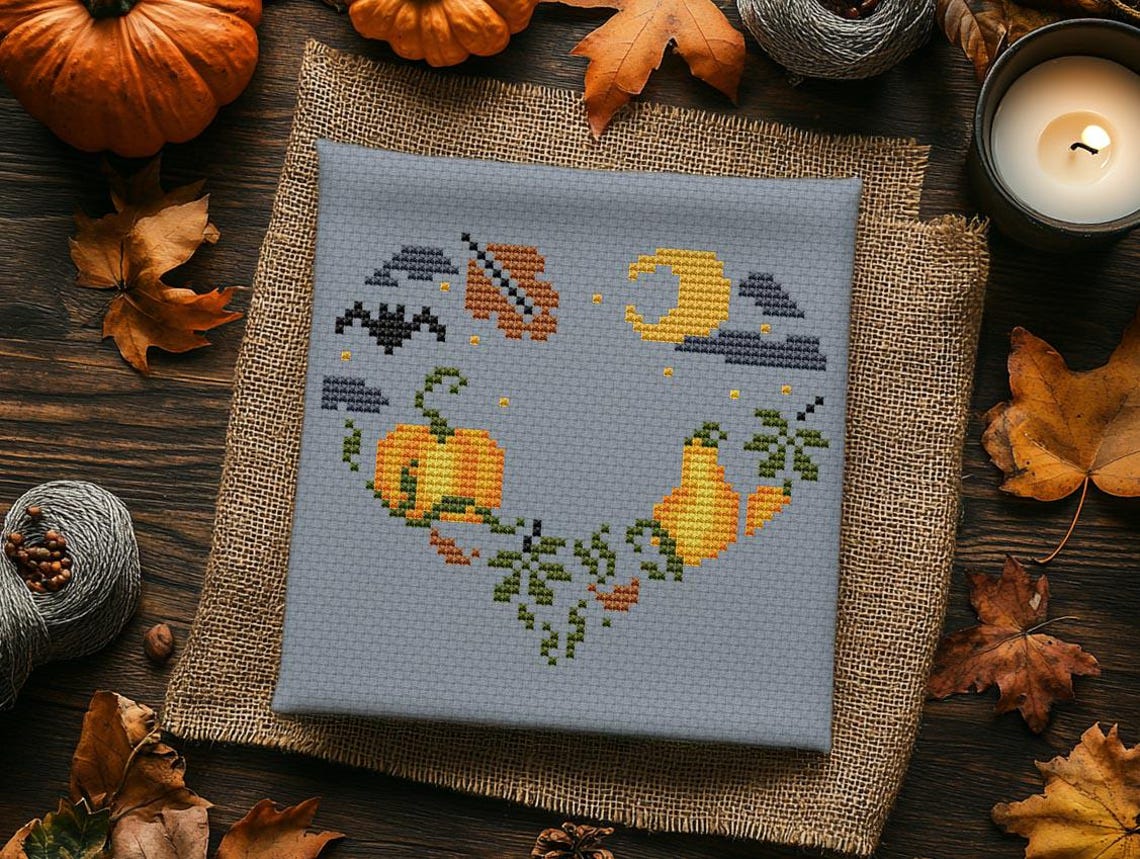 Heart With Pumpkins Cross Stitch Pattern, Fall Autumn Embroidery (PDF ...