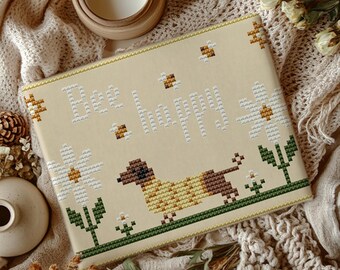 Dachshund Cross Stitch Pattern: Bee Happy Dog Embroidery (PDF Pattern)