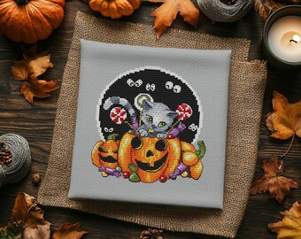 Modèle de point de croix chat d'Halloween : motif citrouille amusante (téléchargement PDF)