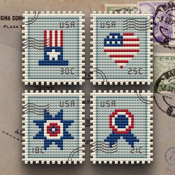 4th of July Postage Stamps Cross Stitch Pattern USA Independence Day Patriotic Cross Stitch American Postage Stamp Cross Stitch Pattern PDF