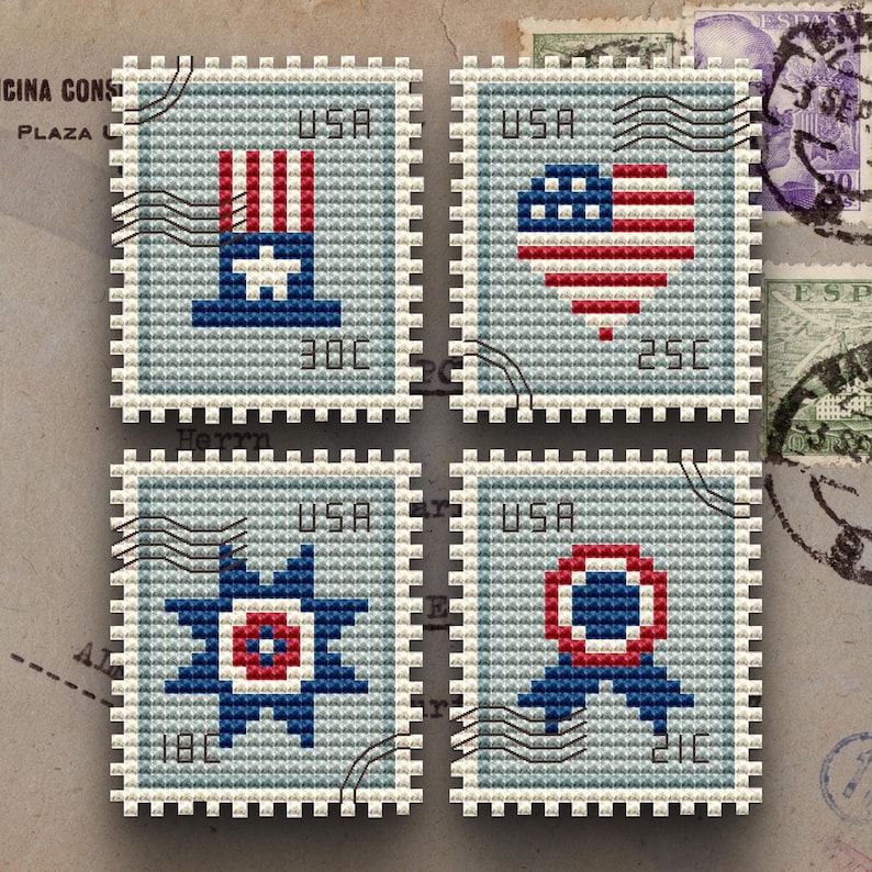 4th of July Postage Stamps Cross Stitch Pattern USA Independence Day Patriotic Cross Stitch American Postage Stamp Cross Stitch Pattern PDF image 1
