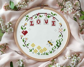 Wreath Love Cross Stitch Pattern | Heart Floral Embroidery Folk Art (PDF Download)