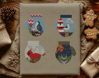 Four Seasons Mittens Cross Stitch Pattern: Owl, Bird, Lighthouse (PDF Pattern)