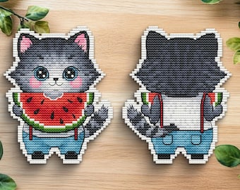 Motif de point de croix chaton pastèque | Broderie de chat d'été (téléchargement numérique)