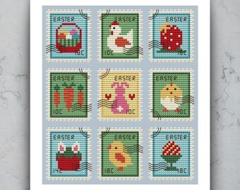 Easter Postage Stamps Cross Stitch Pattern: Primitive Chick & Rabbit Sampler (PDF)