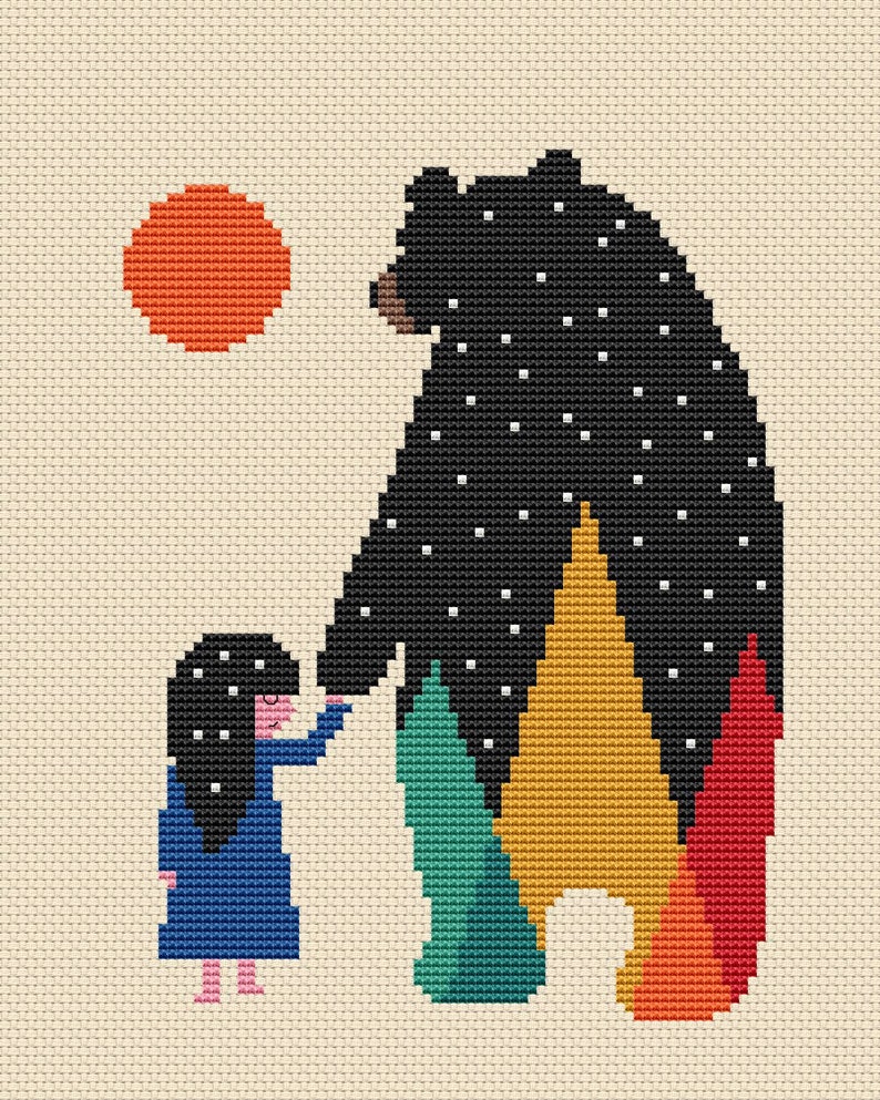 Bear Cross Stitch Pattern Animal Cross Stitch Bear With Girl Etsy