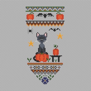 Autumn Cat Cross Stitch Pattern Cat with Pumpkin Autumn Harvest Fall Cross Stitch Bat Cross Stitch Halloween Embroidery Instant Download PDF