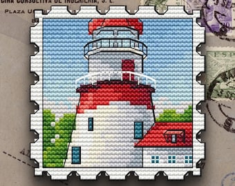 Tampon phare côtier au point de croix | Broderie vintage de paysage marin (téléchargement numérique)