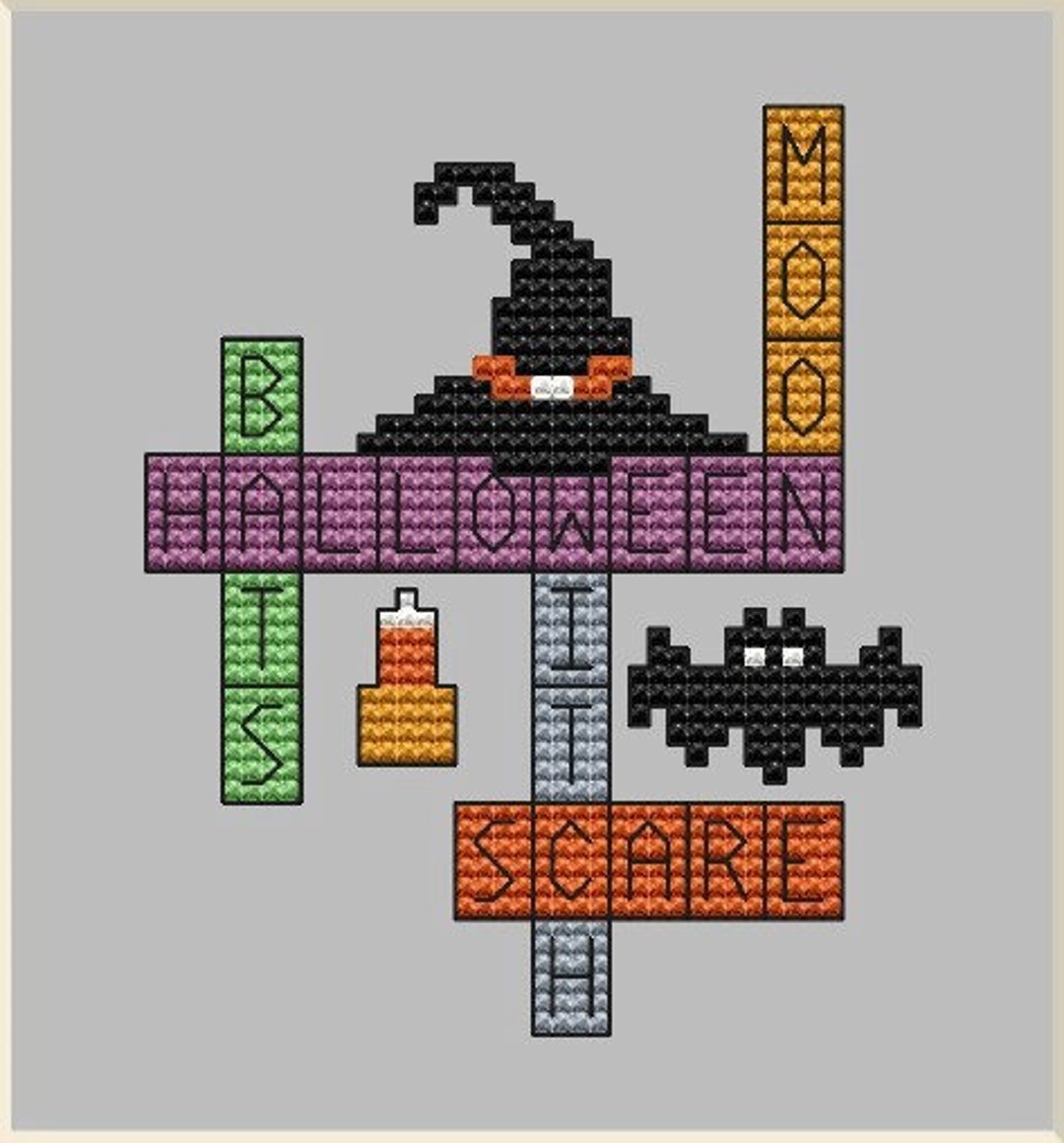 Halloween Crossword Cross Stitch Pattern Holiday Cross Stitch Witch Hat
