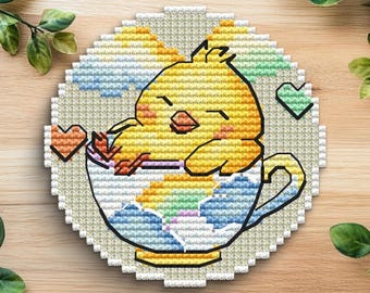 Motif de point de croix de poulet dans une tasse | Broderie de ferme lunatique (téléchargement numérique)