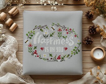 Motif floral au point de croix : « Le bonheur est en vous » (PDF)