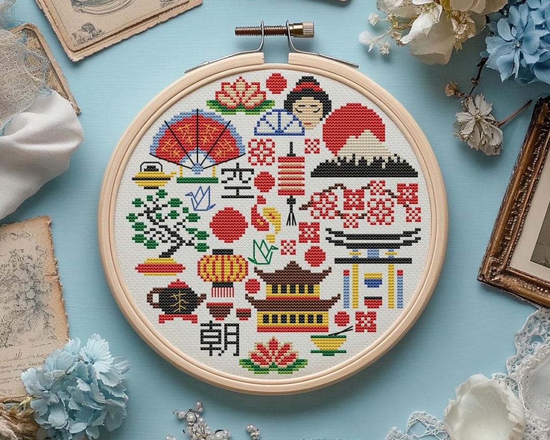 Japan Round Cross Stitch Pattern, Asia Geisha Sampler (PDF) - Etsy