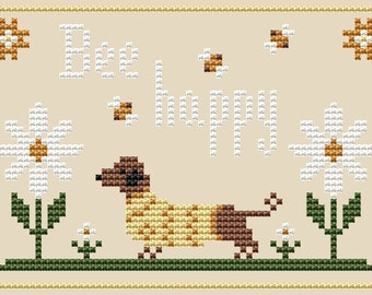 Bee Happy Cross Stitch Pattern Cute Dog Pattern Funny Dachshund Summer Cross Stitch Primitive Funny Embroidery Instant Download PDF