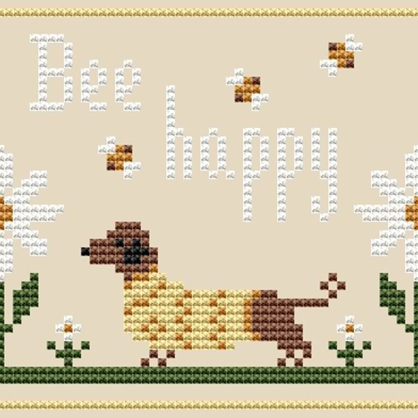 Bee Happy Cross Stitch Pattern Cute Dog Pattern Funny Dachshund Summer Cross Stitch Primitive Funny Embroidery Instant Download PDF