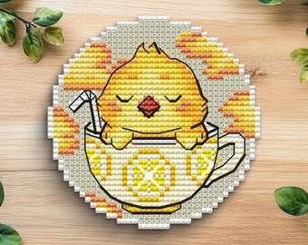 Poulet veut du thé - Motif de point de croix | Broderie de ferme (téléchargement numérique)
