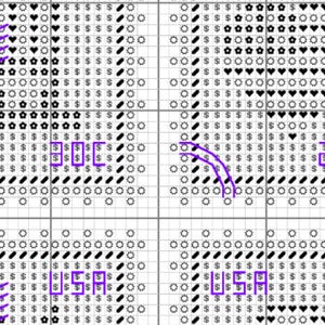 May include: A cross stitch pattern chart printed on a grid, featuring repeating black symbols including hearts, flowers, suns, dollar signs, and diagonal dashes. The text USA is visible in purple outlines, along with purple lines marking specific sections.