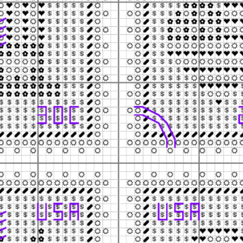 May include: A cross stitch pattern chart printed on a grid, featuring repeating black symbols including hearts, flowers, suns, dollar signs, and diagonal dashes. The text USA is visible in purple outlines, along with purple lines marking specific sections.
