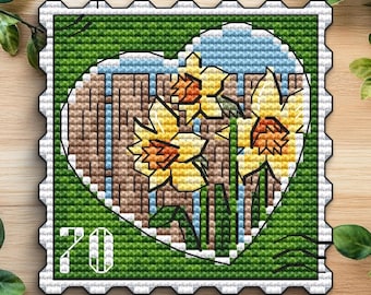 Motif de point de croix de timbre-poste jonquilles PDF | Broderie de fleurs jaunes | Art postal floral printanier | Téléchargement numérique instantané