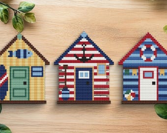 Beach Houses Cross Stitch Pattern | Colorful Cottages Seaside Village Art (Digital Download)