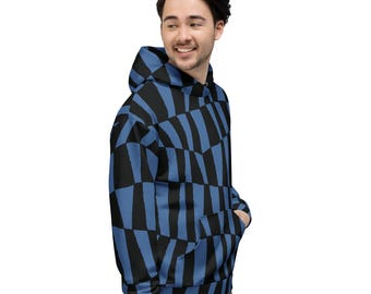 Felpa con cappuccio unisex con motivo geometrico: poliestere riciclato blu nero astratto