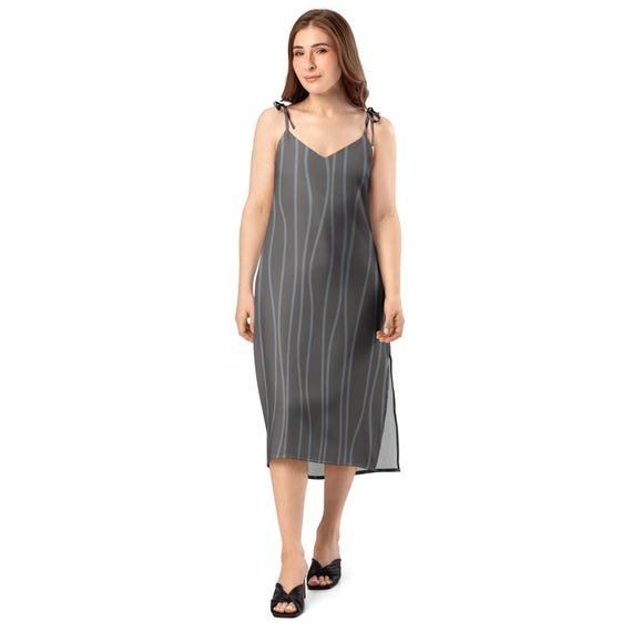 Gray Abstract Tie-Strap Midi Dress - Modern Graphic Pattern