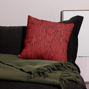 May include: A square decorative pillow with a red and black vertical stripe pattern. The pillow is on a dark gray couch with a green blanket with fringe. A framed picture is in the background.