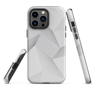 May include: A white phone case with a geometric pattern of black lines. The case has a raised camera bump with three lenses.