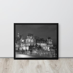Paris night framed poster. Hotel de Ville photo at night. Black and white Parisian wall art. Cool wall decor. French life at night
