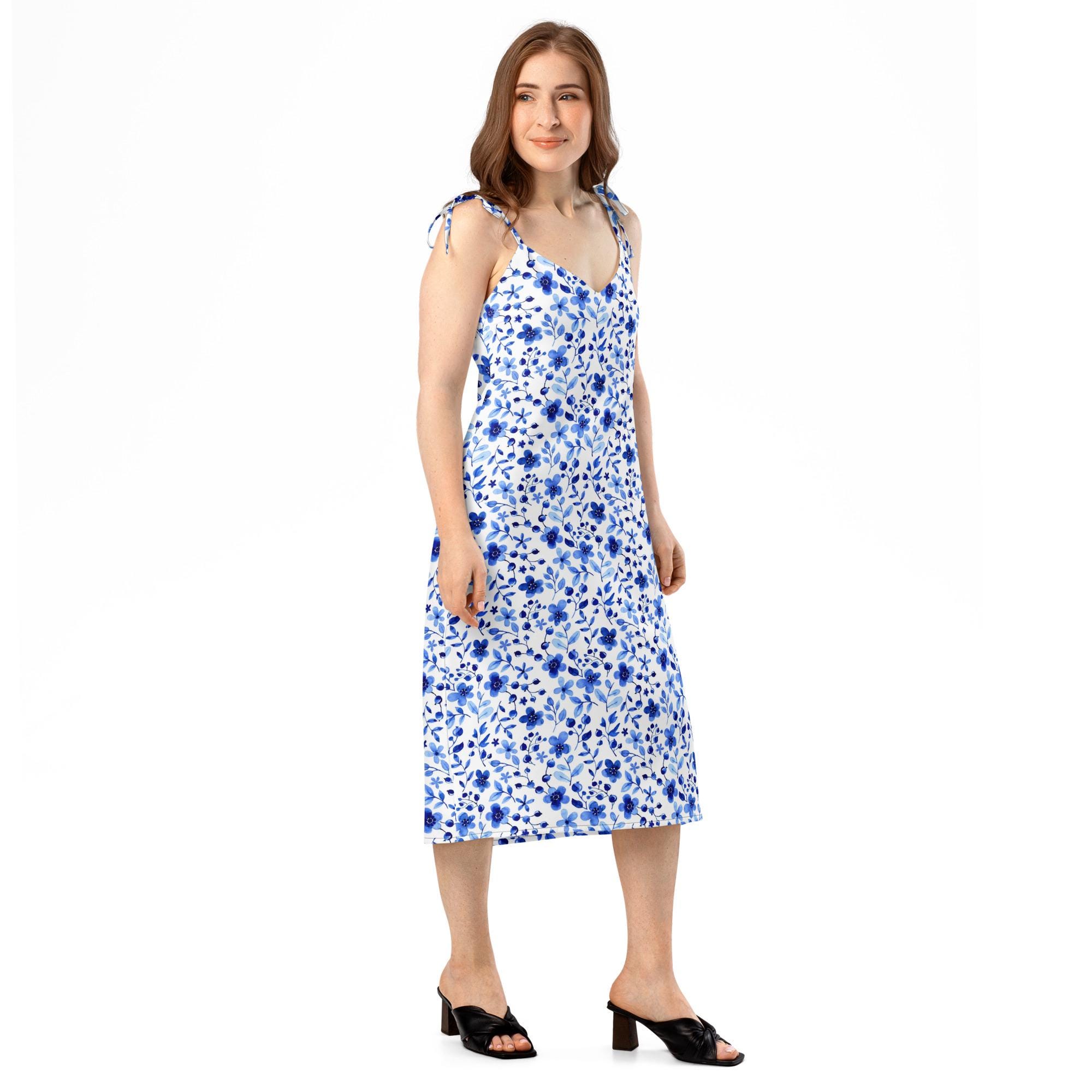 Blue Floral Chiffon Midi Dress: Tie-Strap V-Neck with Slit