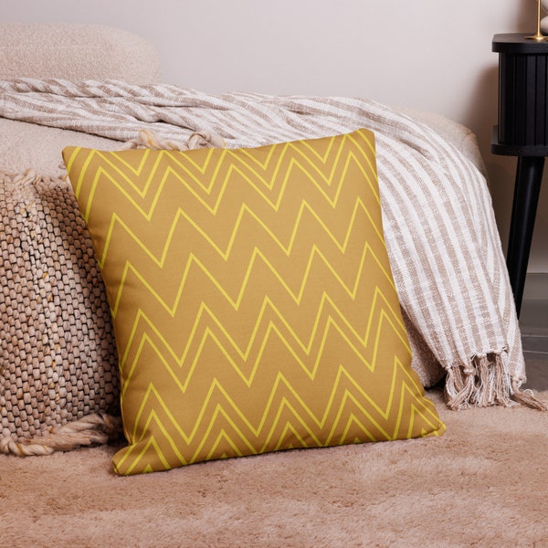 Minimal stripe graphic pillow | Modern, simple, yellow graphic pattern pillow | Design with geometric zigzag lines | Cool, trendy all-over.