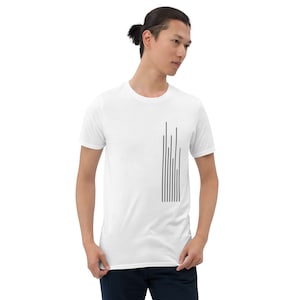 May include: White t-shirt with a black graphic of vertical lines on the left side of the chest.