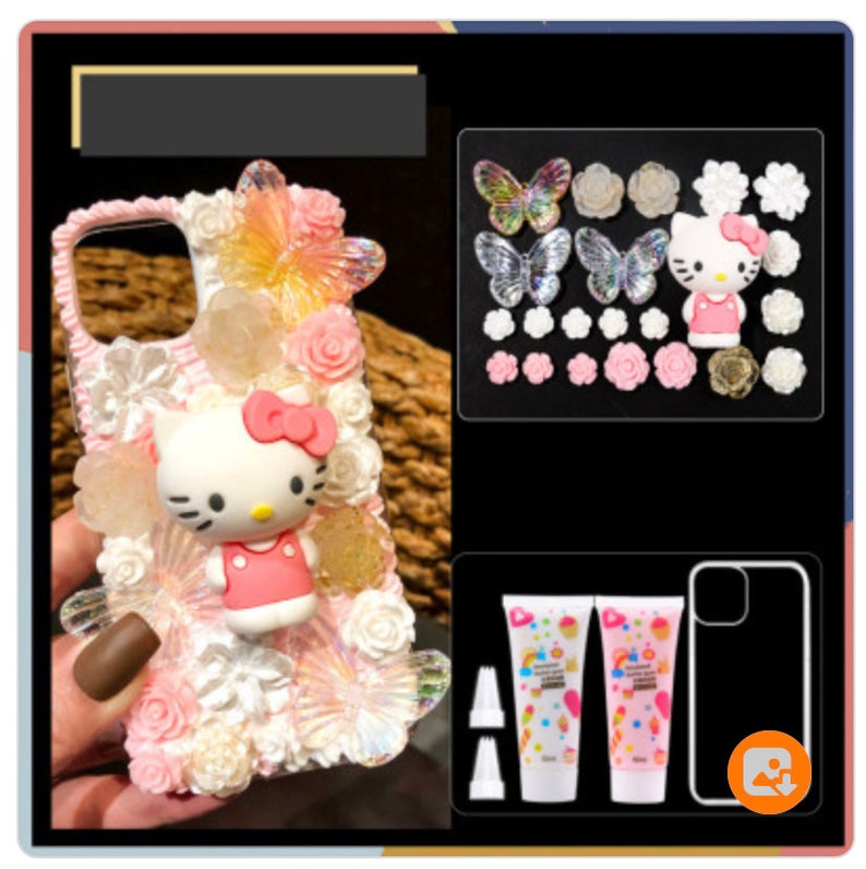 Puede incluir: Una funda de tel&eacute;fono rosa y blanca decorada con pedrer&iacute;a, flores y un personaje de Hello Kitty de dibujos animados. La funda viene con dos tubos de pegamento y una funda de tel&eacute;fono transparente.