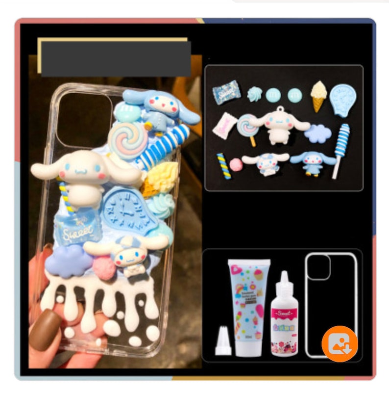 Puede incluir: Una funda de tel&eacute;fono transparente con un dise&ntilde;o 3D que presenta un perro de dibujos animados, caramelos y otras golosinas dulces. La funda est&aacute; decorada con colores azul, blanco y rosa. La imagen tambi&eacute;n muestra una botella de pegamento y un tubo de resina, que se utilizan para crear el dise&ntilde;o 3D.