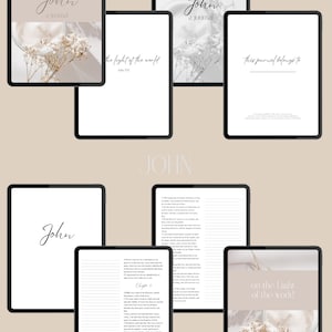 May include: A collection of digital journals displayed on tablets. The journals feature the word "John" and other text, along with floral accents. The covers are in neutral tones, with a minimalist design.