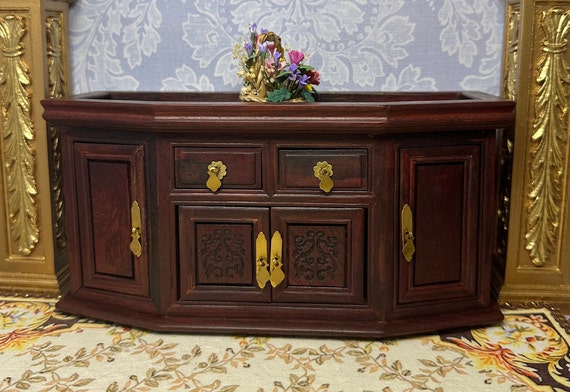 Miniature Chinese Ming  Dynasty Rosewood Cabinet Replica 1850s 10 Inch Action Figure Side Board Buddha Temple  Worship Well Collectible Gift