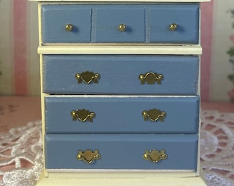 Vintage Old Stock 35 Years Old Miniature Dollhouse Replica Blue Cream Dresser 4 Drawers Child Teen Pantry Storage Collectible Hobby Gift