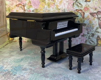 Stunning Miniature Dollhouse Theater Music Room Decor Replica Ebony Grand Piano Bench Authentic Appearance Boxed Collectible Holiday Gift