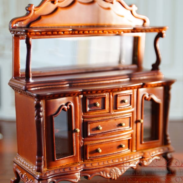 Stunning Miniature Scale Queen Anne  Walnut  Stained Dining Room Sideboard 4.75 x 4 x 1.5 Inches With Mirror, 4 Drawers, 2 Side Cabinets