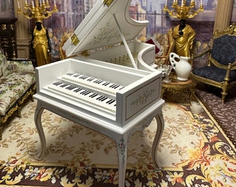 JBM Miniature Dollhouse Decor Replica 16th Century French Baroque Grand Piano Intricate Floral Motifs White Art Furniture Collectible Hobby