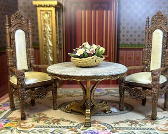 Vintage Impressive Miniature Dollhouse Decor Replica 2 Cream on Brown Throne Chairs French Renaissance Resin 15th 17th Centuries Collectible