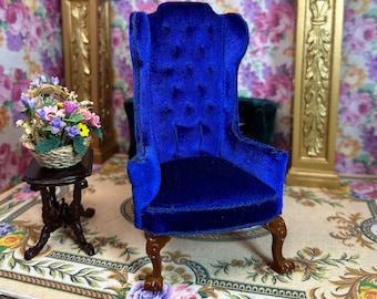 Miniature Dollhouse Decor Replica Royal Blue Velvet Armchair Resin Cabriole Legs Claw Feet Walnut Color Collectible Holiday Birthday Gift