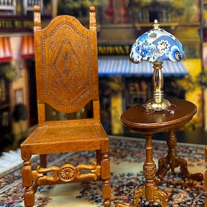 JBM Quality Miniatures Dollhouse Decor Replica High Back Walnut Spanish Moorish Chair Intricate Carving Medieval Design Collectible Art Gift