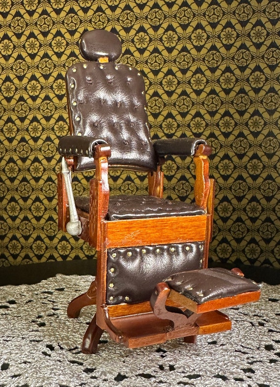Unique Miniature Room Box Decor Replica Victorian Barber Dentist Chair Brown Simulated Leather Whittlings Walnut Collectible Action Scene