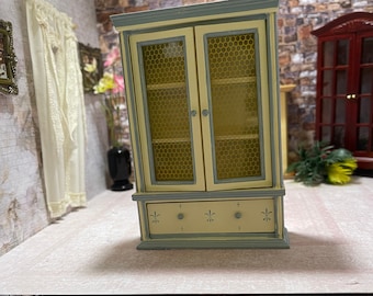 Beautiful Miniature Dollhouse Wardrobe, Display Case, Kitchen Cabinet Cream with Green Color  Accents