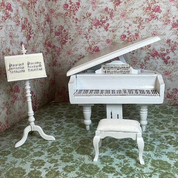 Pre 1989 Dollhouse Scale White Grand Piano, Music Stand, Stool Good Condition 3.25 x 5 x 4.25 Inches Collectible Hobby Music Vintage