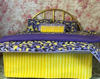 Beautiful Dollhouse Scale Hand Made Bed with Purple Mattress Cover Yellow Bed Skirt Reversal Comforter Pillows Collectible Well Made
